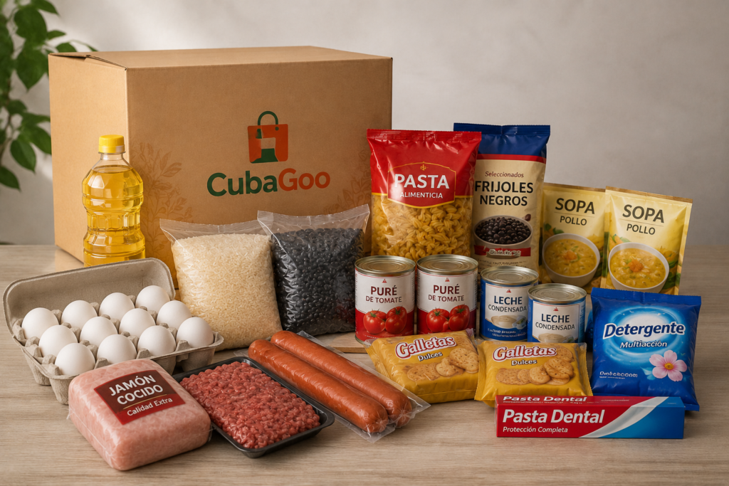 Caja CubaGoo con alimentos y artículos esenciales para apoyar a tu familia en Cuba.